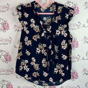 EAM blouse tie up ribbon tshirt ruffle sleeve detail flowers Navy Floral Blouse